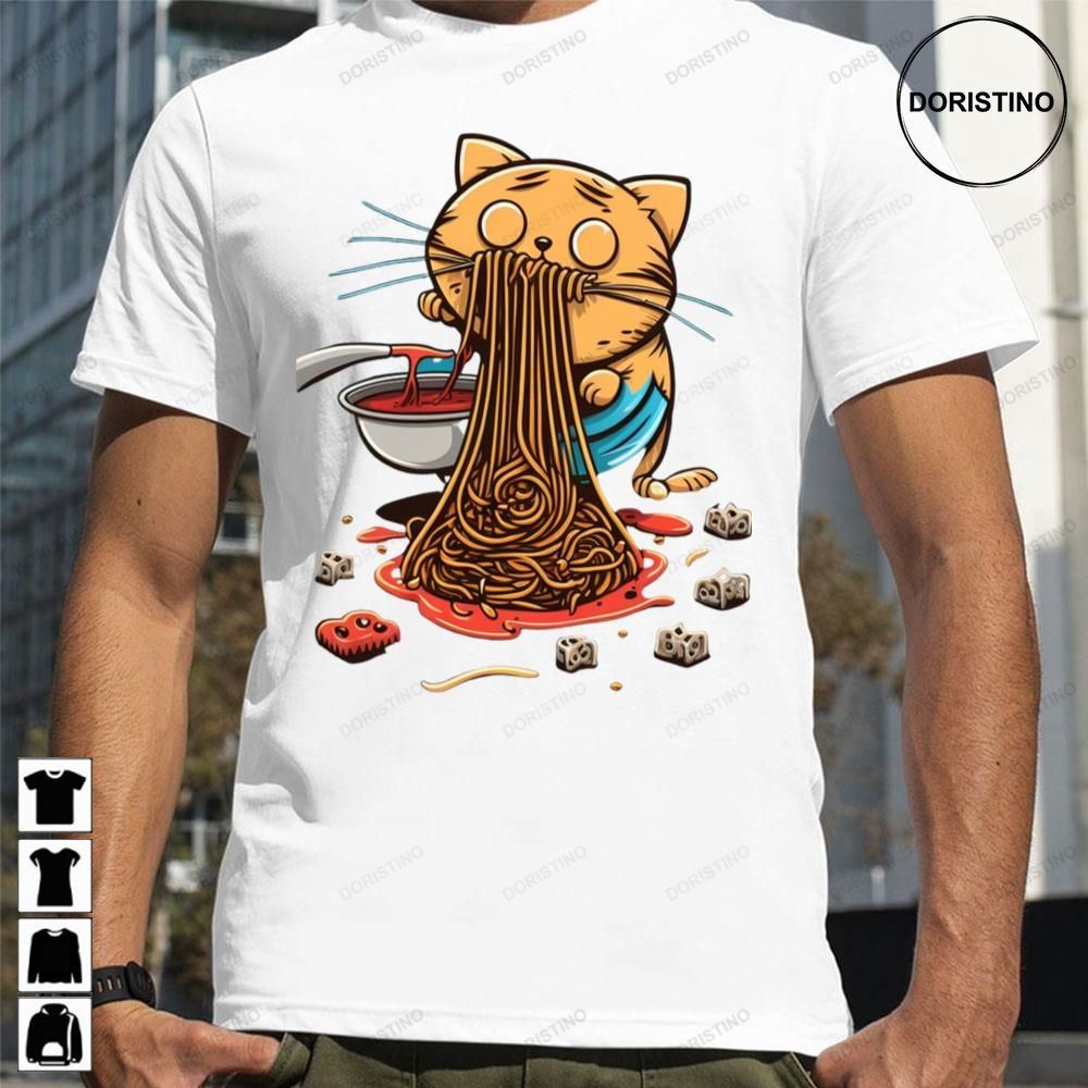 Cartoon Cat Eating Spaghetti Trending Style